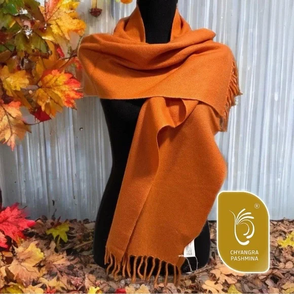 Certified 100%Cashmere Pashmina Nepal Lux WinterScarf Orange Fringe Handmade NWT